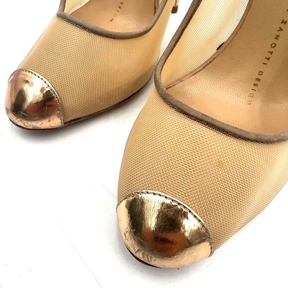 Giuseppe Zanotti Nude Suede Mesh Gold Cap Toe Stiletto Heels Pumps w Dust Bag 35 - Picture 3 of 9